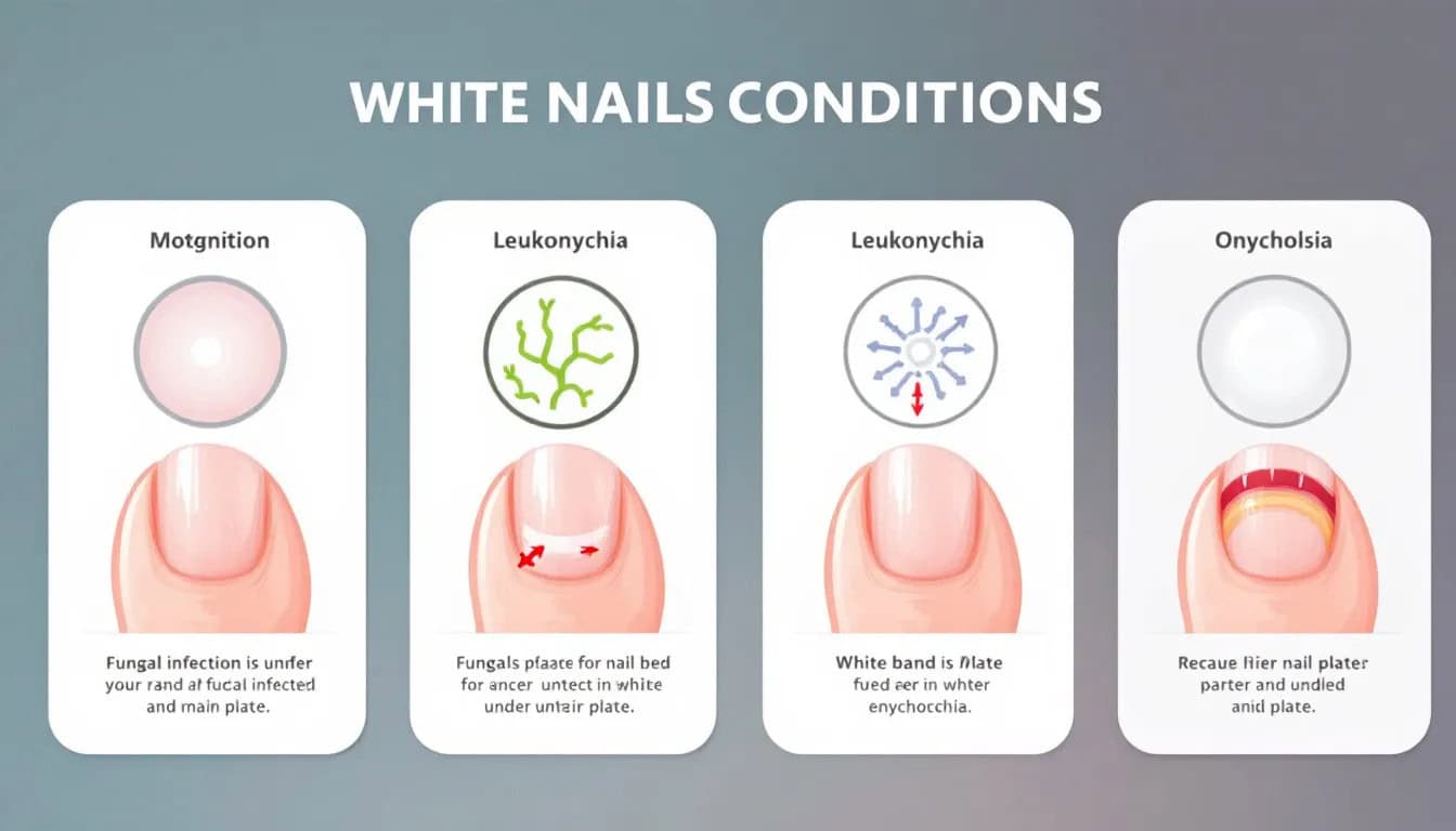 Lunulae or White Color Under Nails: What It Means for Your Health 2 An infographic showing health conditions linked to white nails, including examples of nail abnormalities.